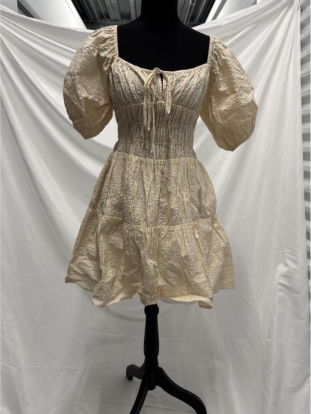 Elan Beige and White Striped Puff Sleeve Dress